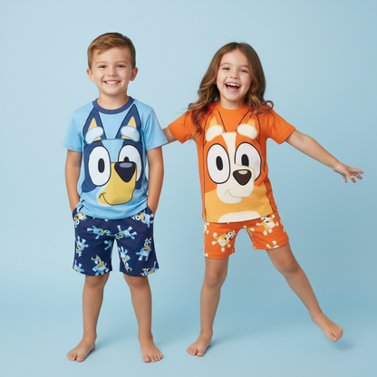 Two children wearing cartoon-themed pajamas against a light blue background