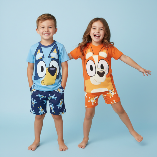 Two children wearing cartoon-themed pajamas against a light blue background