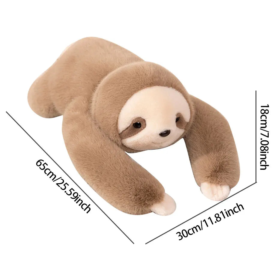 Plush sloth toy with dimensions indicated