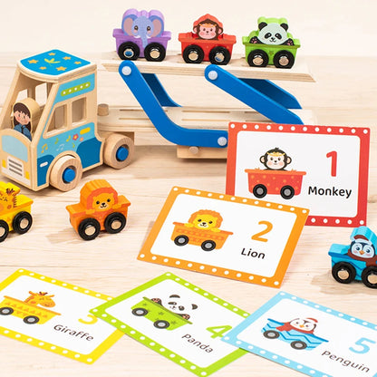 Educational toys with animals and numbers on a wooden surface