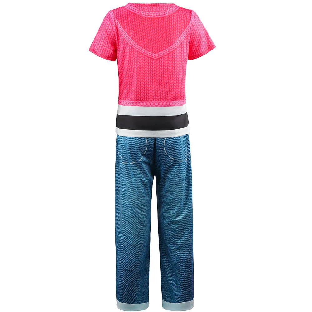 Pink top and blue pants set on a white background