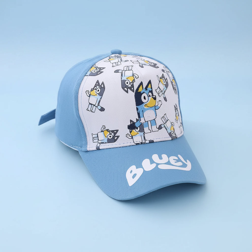Children's cap with cartoon design and 'Bluey' branding on a white surface.