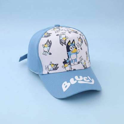 Children's cap with cartoon design and 'Bluey' branding on a white surface.