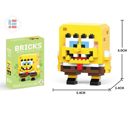Brick-built figure of a character resembling SpongeBob SquarePants with dimensions and packaging shown.