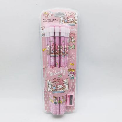 Pack of pink pencils with cartoon character design on a white background