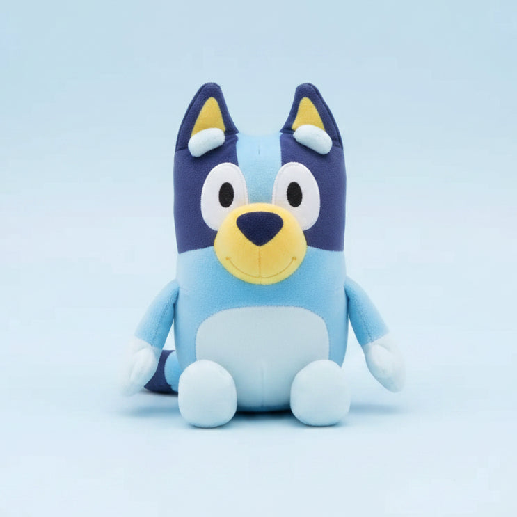 Blue plush toy with yellow accents on a white background