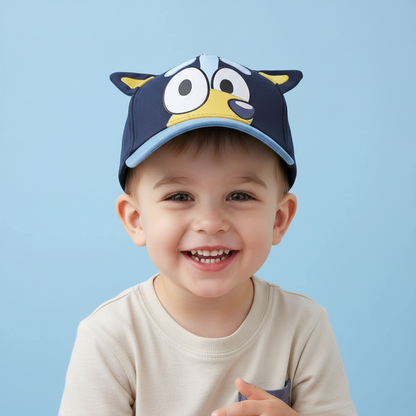 Little boy wearing Bluey cap 