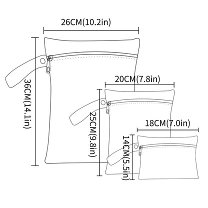 Illustration of a nappy bag with dimensions labeled in centimeters and inches.