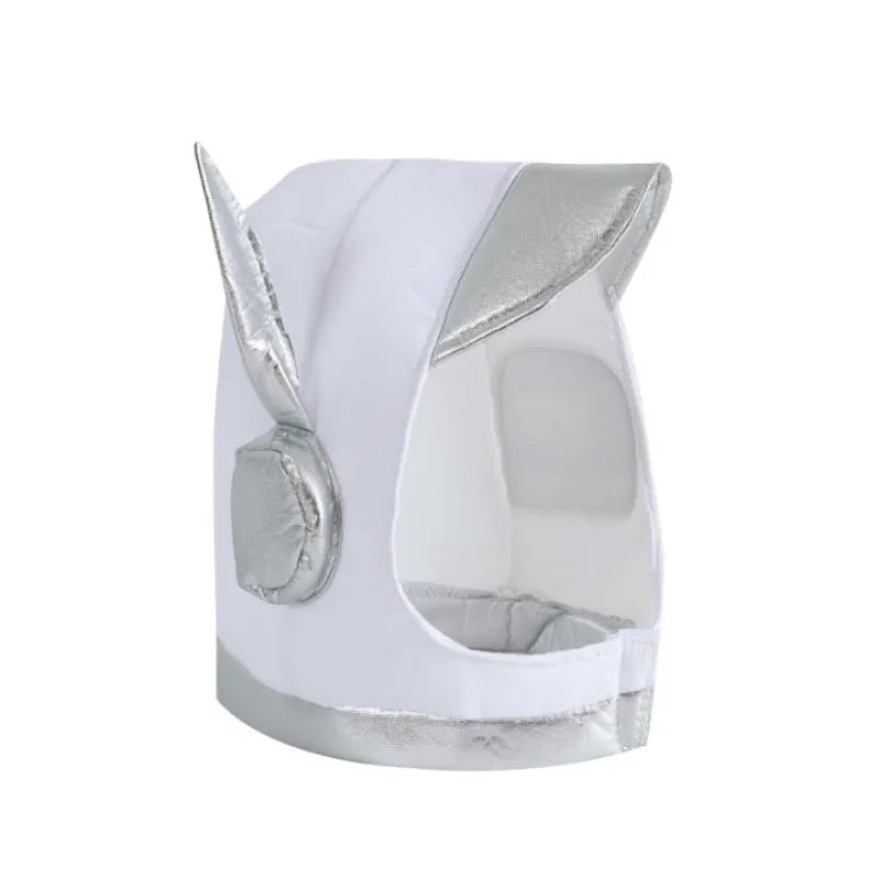 A white and silver bunny costume hood with a clear mesh face window, featuring embroidered ears and a matching silver trim.