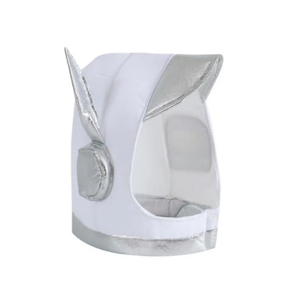A white and silver bunny costume hood with a clear mesh face window, featuring embroidered ears and a matching silver trim.