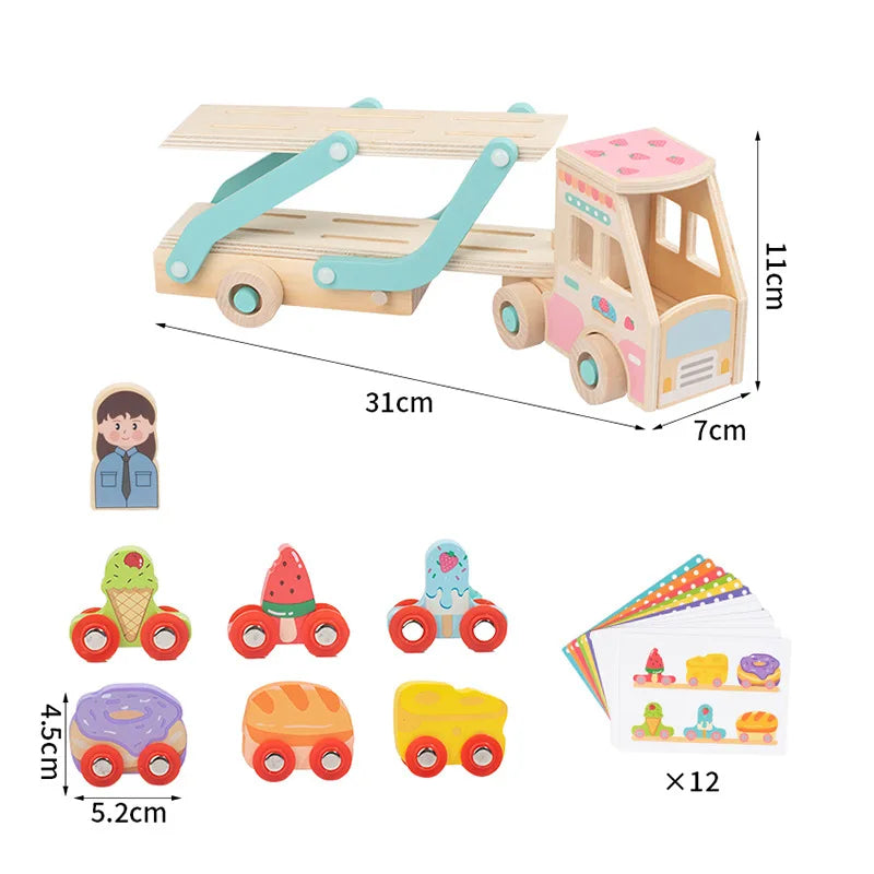 Wooden toy truck with a flatbed, colorful figures, and a card with illustrations on a white background.