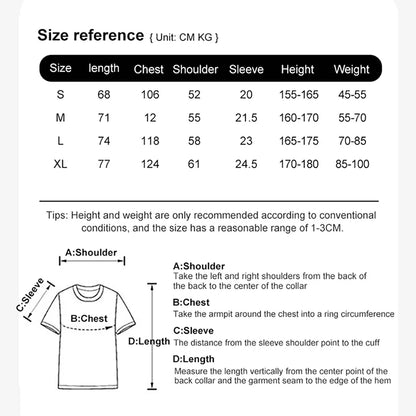 Size reference chart for clothing with measurements in centimeters and kilograms.
