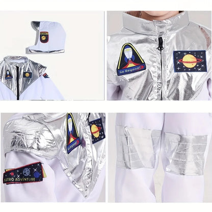 Space-themed outfit with jacket, helmet, and cap featuring astro adventure patches.