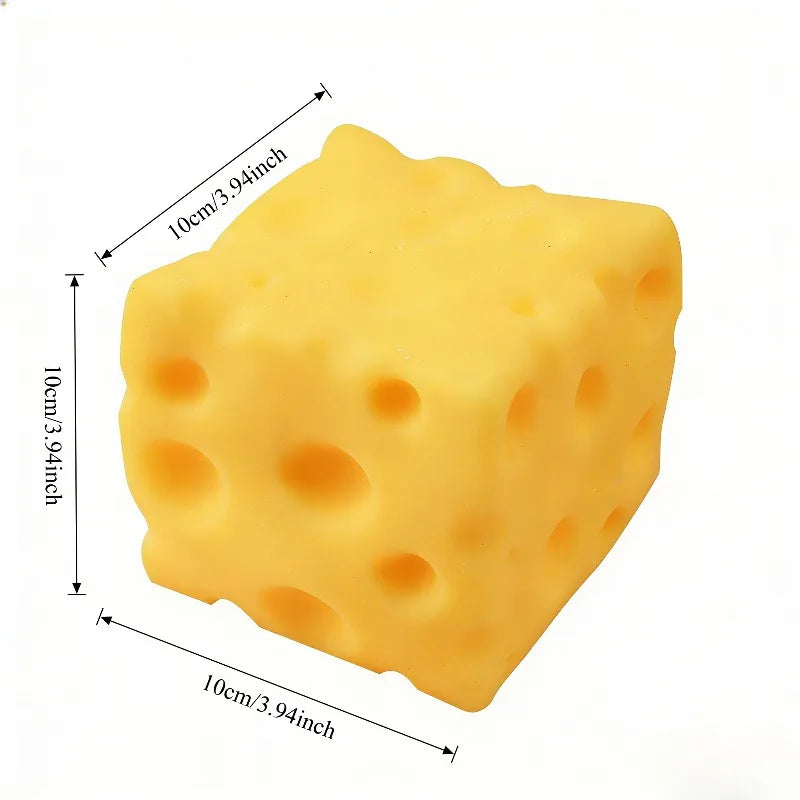 Yellow cheese cube with dimensions on a white background