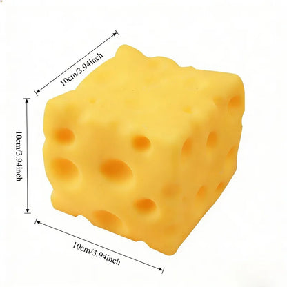 Yellow cheese cube with dimensions on a white background