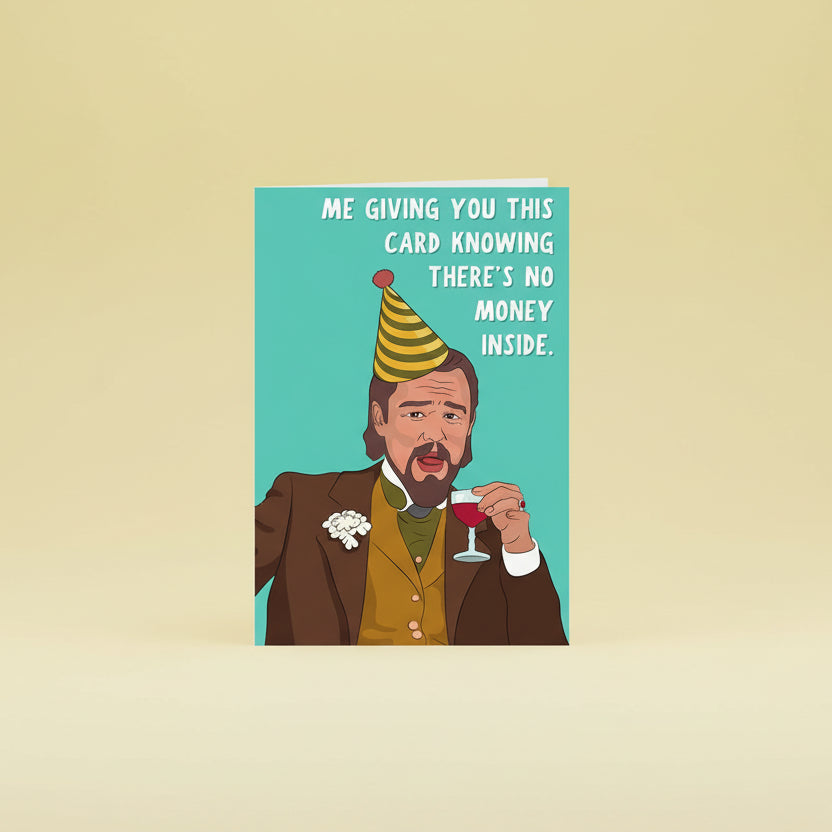 Card dimensions with illustration of a man in a suit and party hat holding a drink.