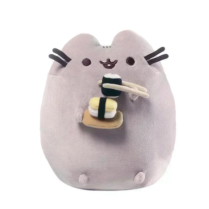 Plush toy resembling a cat holding sushi on a white background