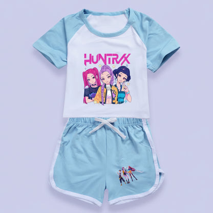 Children's outfit with 'Huntrix' logo and character graphics on a white background