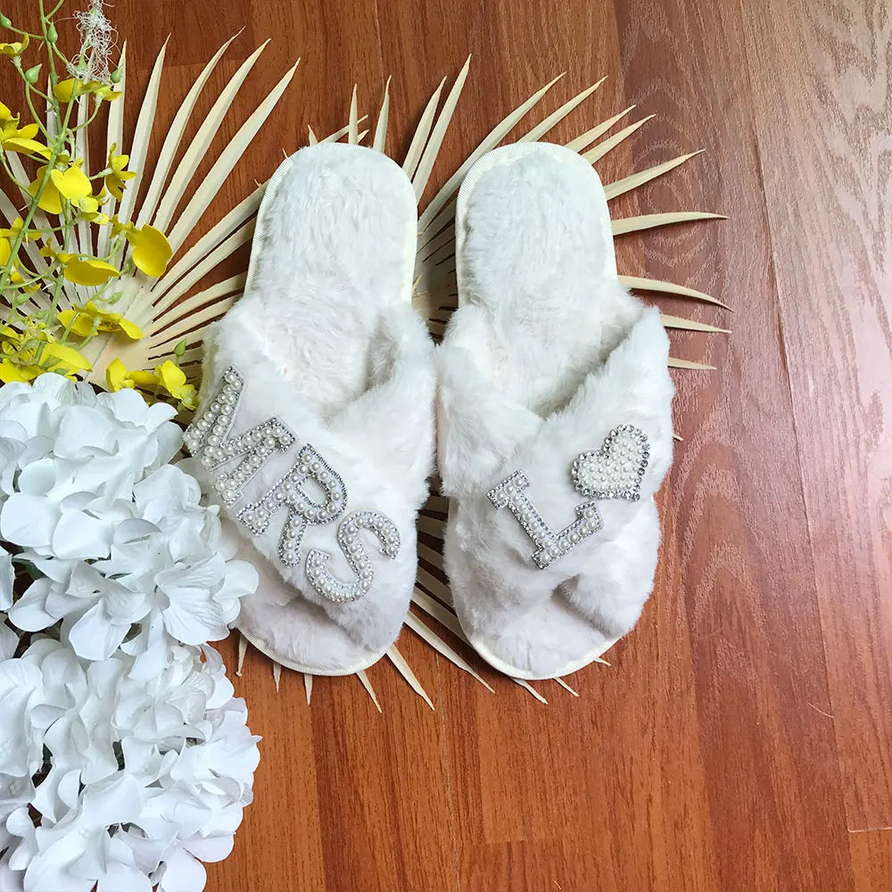 Personalised Bride Mrs Pearl Fluffy Slippers - slippers from Dear Cece - Just £24.99! Shop now at Dear Cece