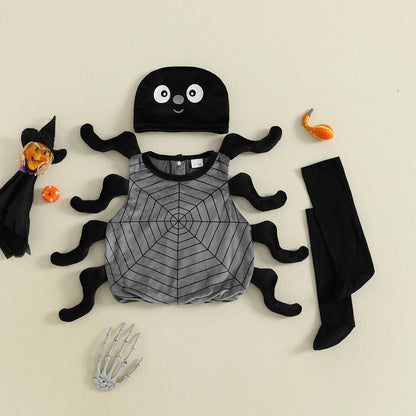 Children's Halloween costume set with spider design on a beige background
