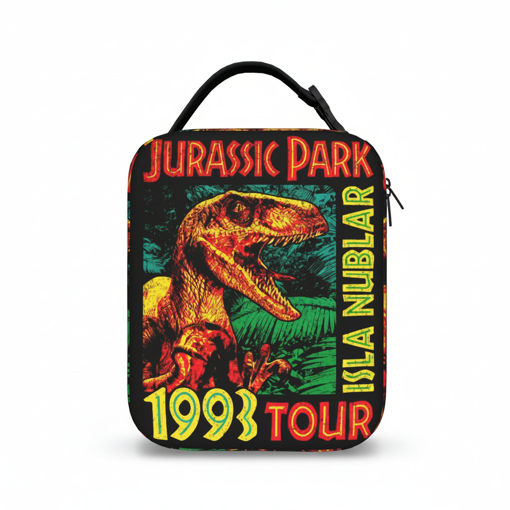 Lunch bag with 'Jurassic Park' design featuring a dinosaur and text on a white background