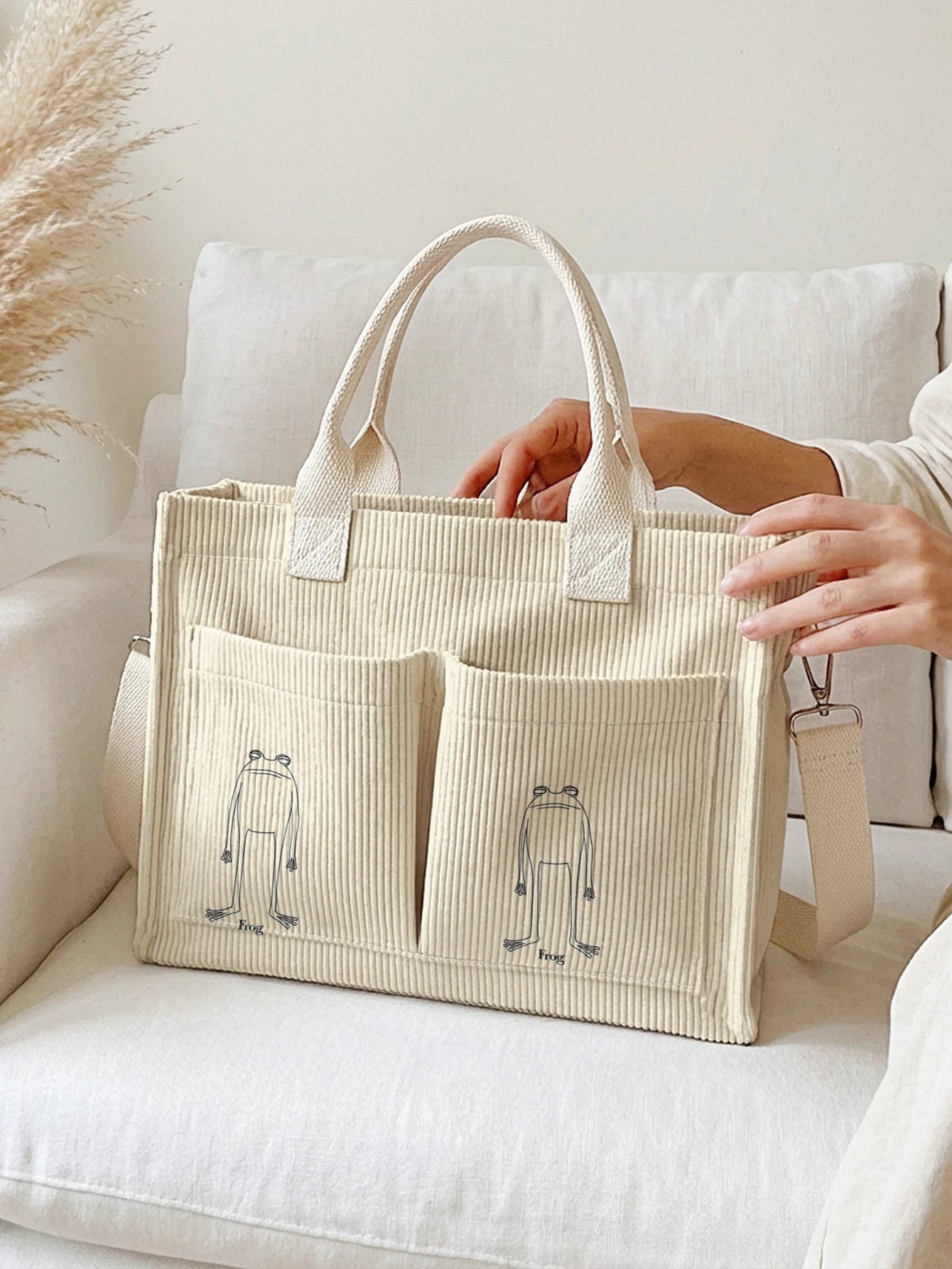 Frog Print Corduroy Tote Bag