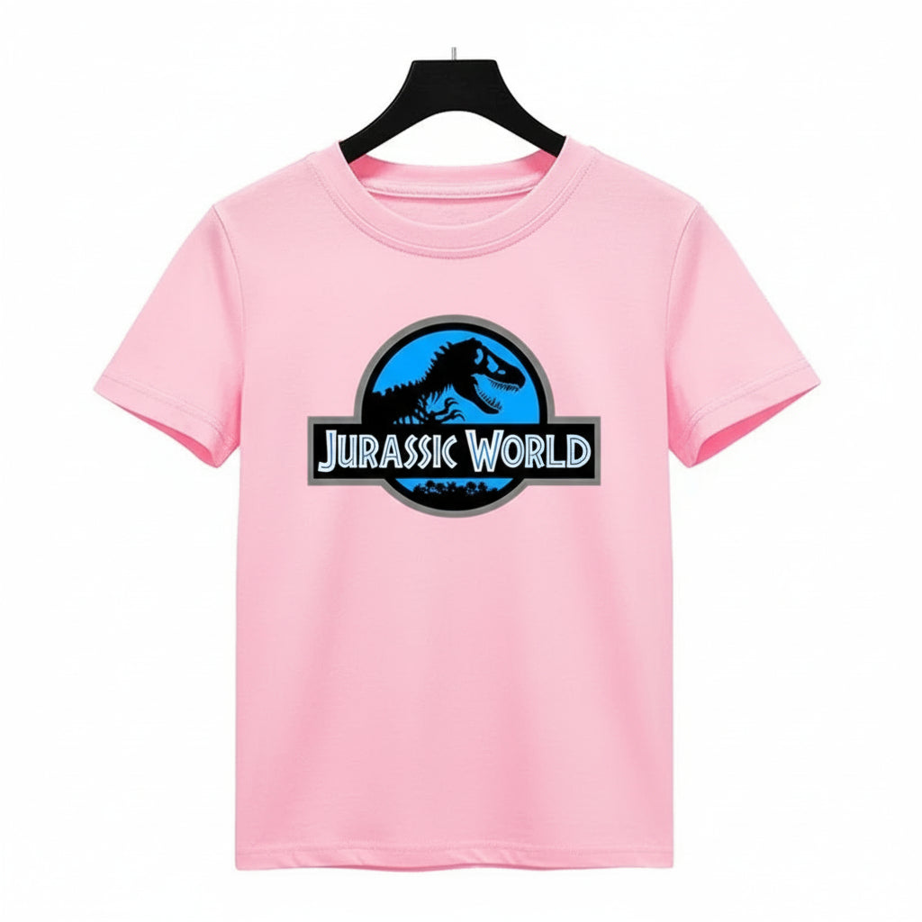 Pink t-shirt with Jurassic World logo on a hanger against a white background