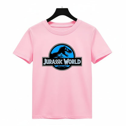 Pink t-shirt with Jurassic World logo on a hanger against a white background