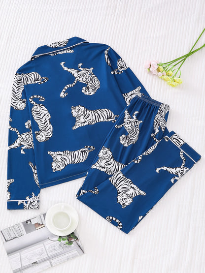 Royal blue tiger print sleepwear pyjama set