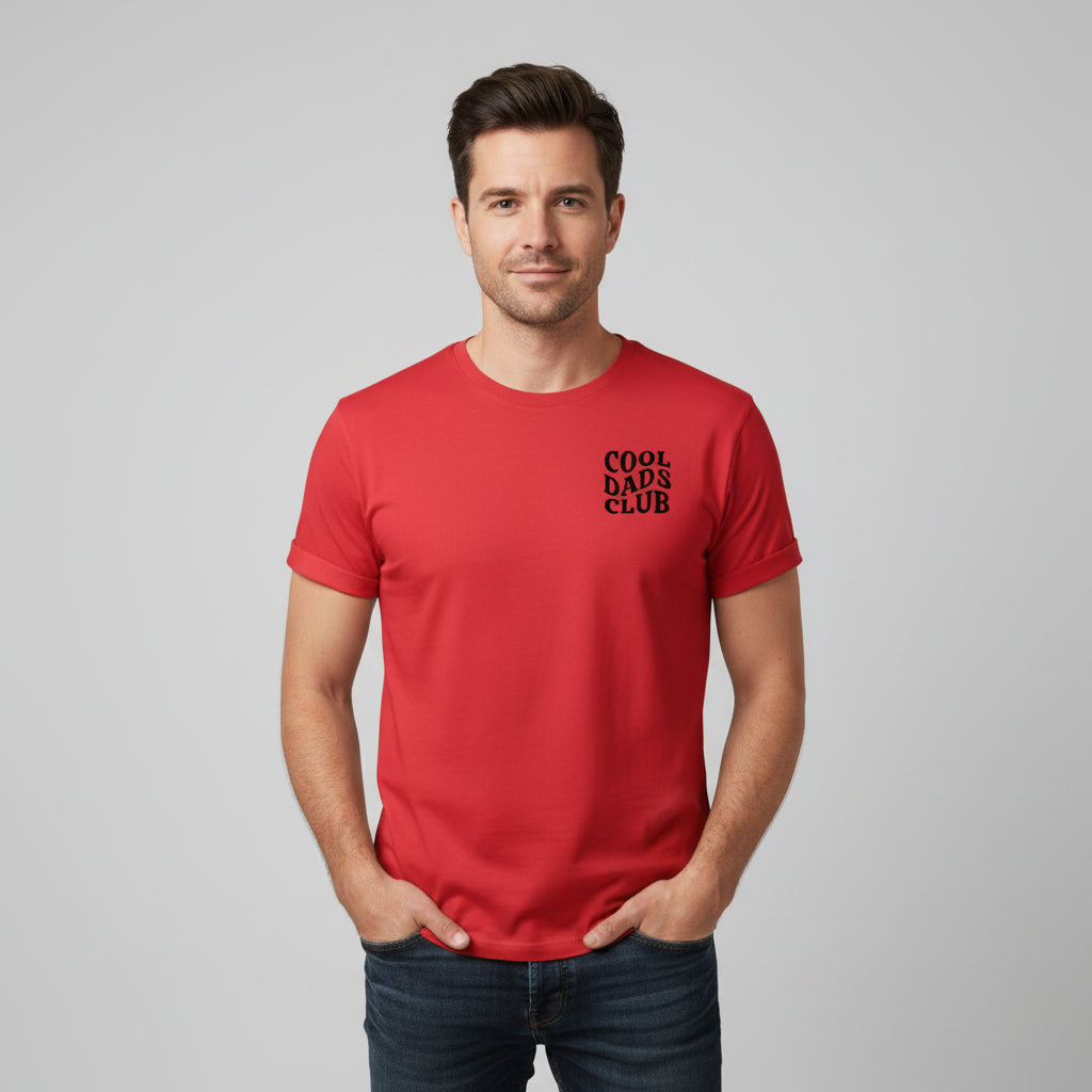 Man wearing red cool dads club tshirt