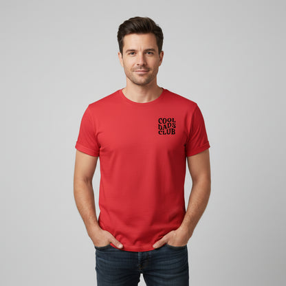 Man wearing red cool dads club tshirt