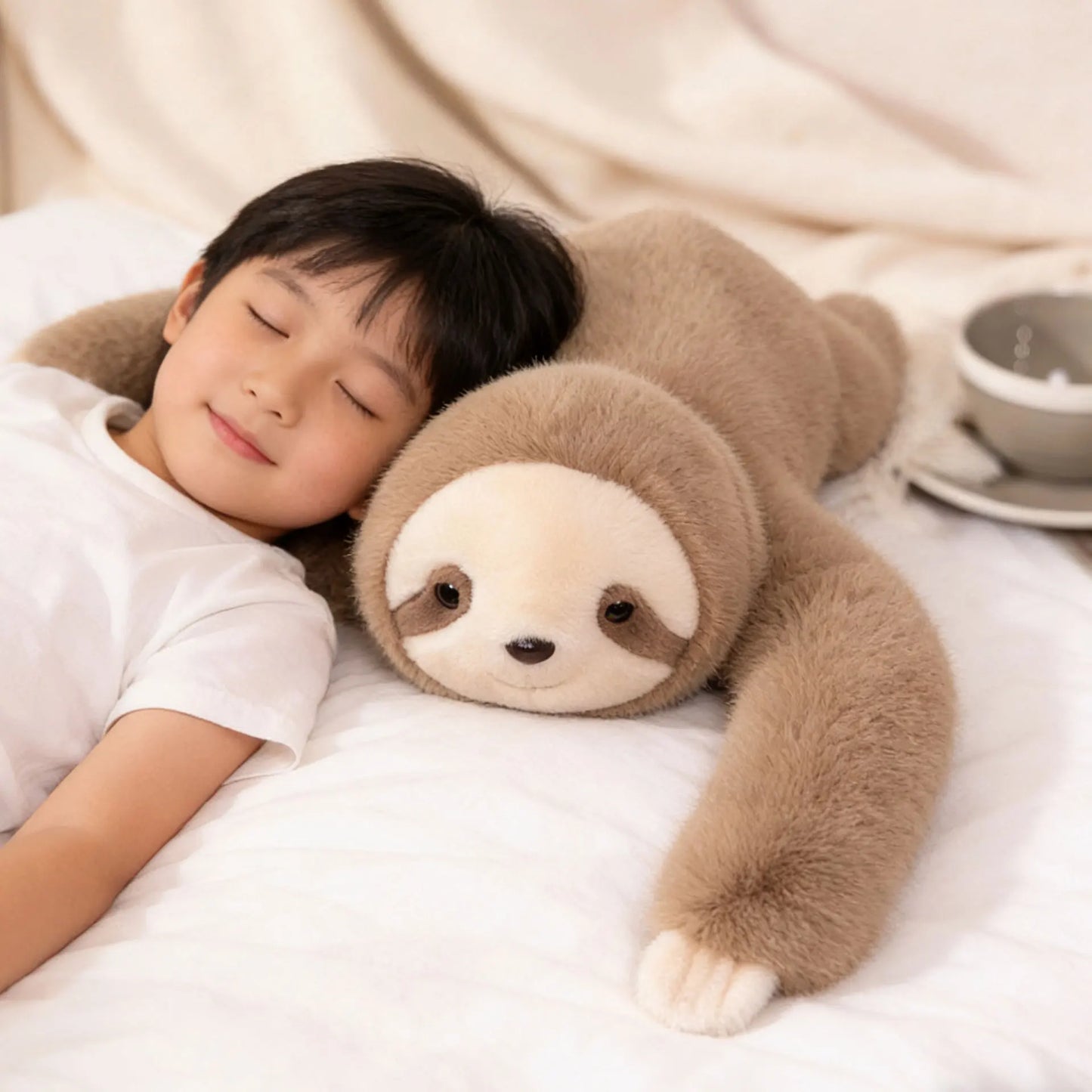 Child lying on a bed with a sloth-shaped pillow