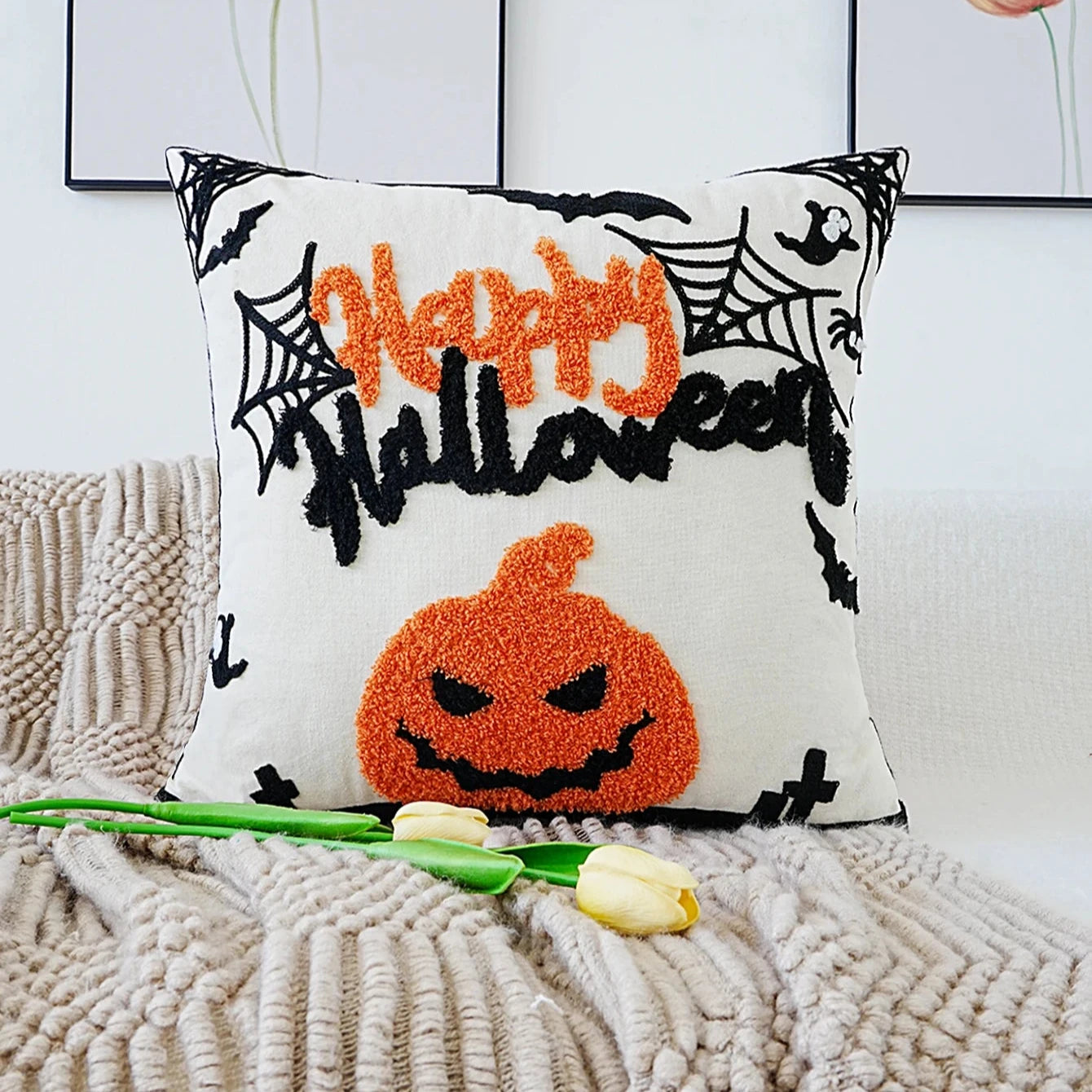 Happy Halloween Pumpkin Textured Cushion Cover