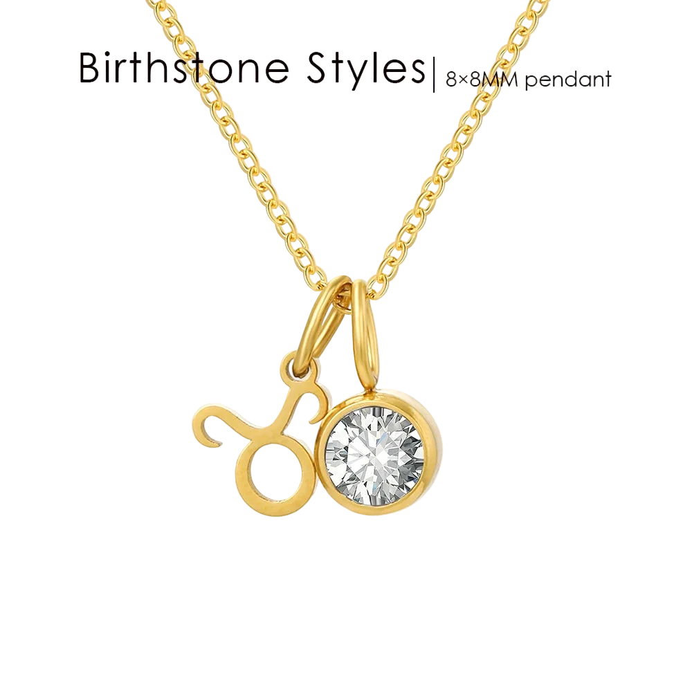 Gold pendant with a clear gemstone on a white background, labeled 'Birthstone Styles'.