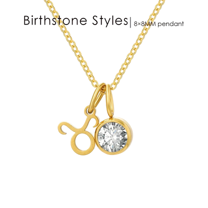 Gold pendant with a clear gemstone on a white background, labeled 'Birthstone Styles'.