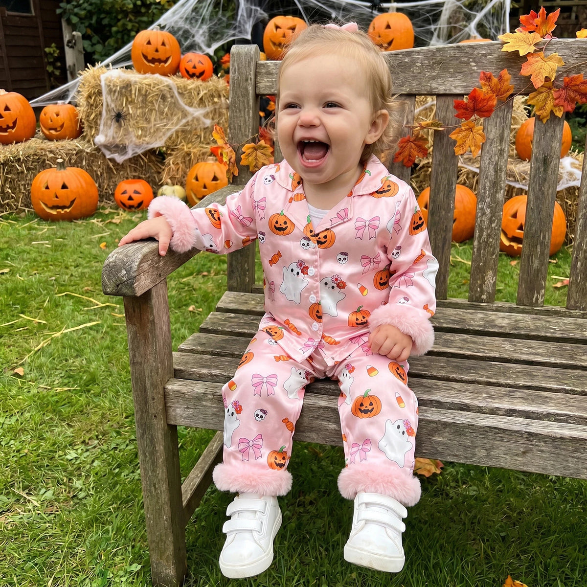 A toddler wearing a pink Halloween pajama set with pumpkins, ghosts, and bows sits smiling on a wooden garden bench. The background is decorated with jack-o'-lanterns, hay bales, and autumn leaves.