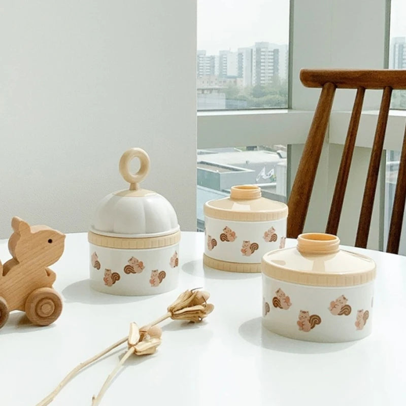 Set of Baby Formula Dispenser Storage Container with wooden lids on a table near a window with a cityscape view.