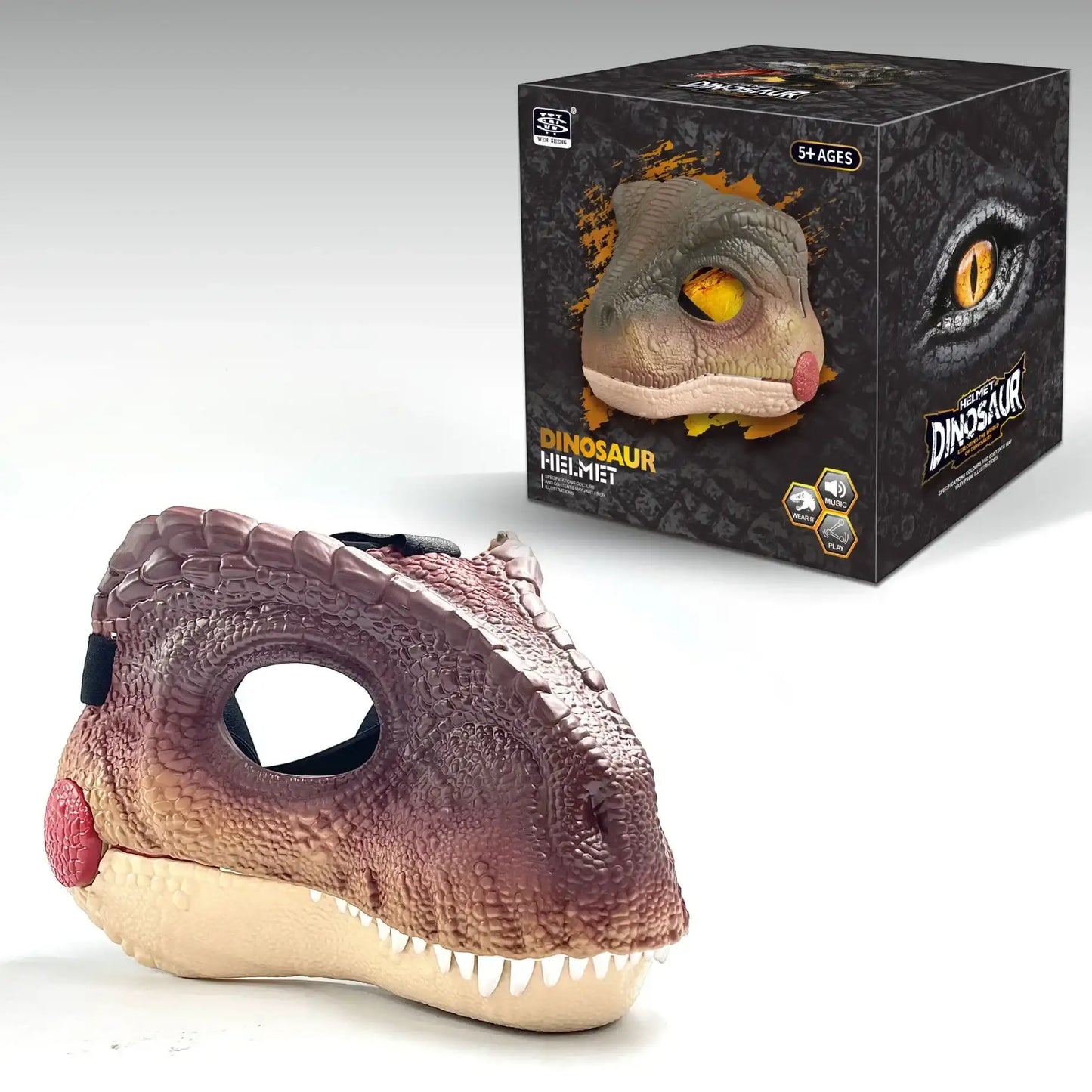 Dinosaur helmet with detailed texture and a matching box on a white background