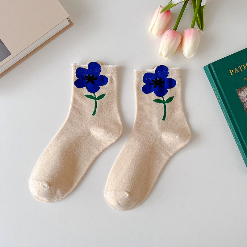 cream and blue womens floral ankle socks