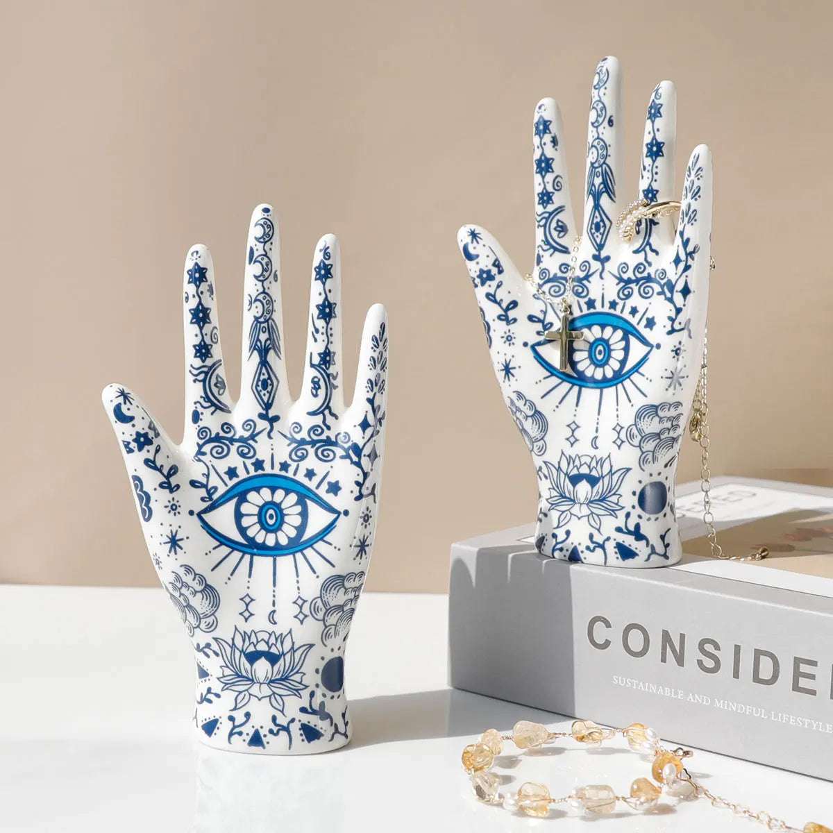 Hamsa Evil Eye Ceramic Hand Ring Holder