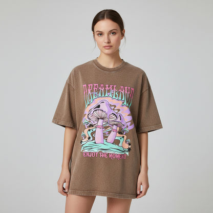 Brown t-shirt with a colorful graphic design featuring mushrooms and text on a white background