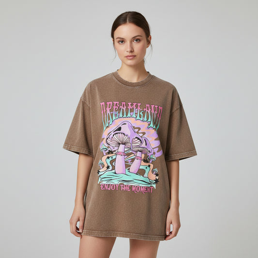 Brown t-shirt with a colorful graphic design featuring mushrooms and text on a white background
