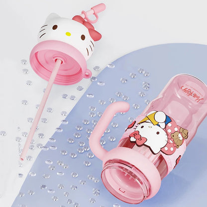Pink cartoon-themed water bottle with straw on a light blue background
