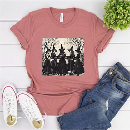 pink Vintage Halloween Witch T-Shirt "Girls will be Girls"