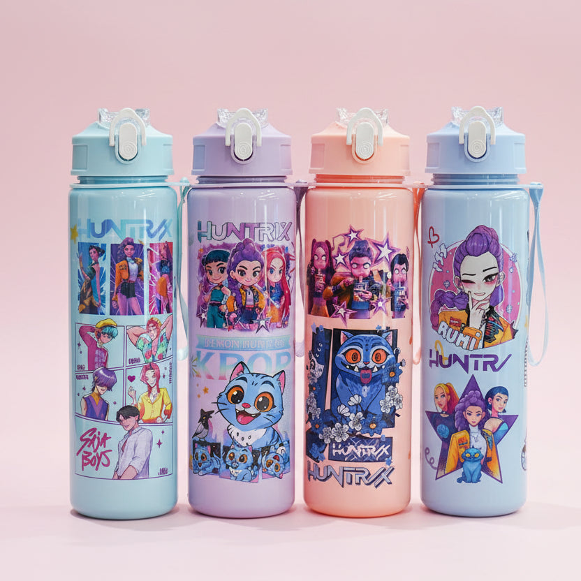 Four colorful water bottles with cartoon character designs on a pink surface.