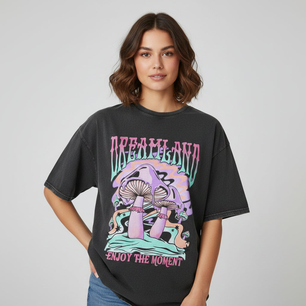 Black t-shirt with a colorful mushroom graphic and text on a white background