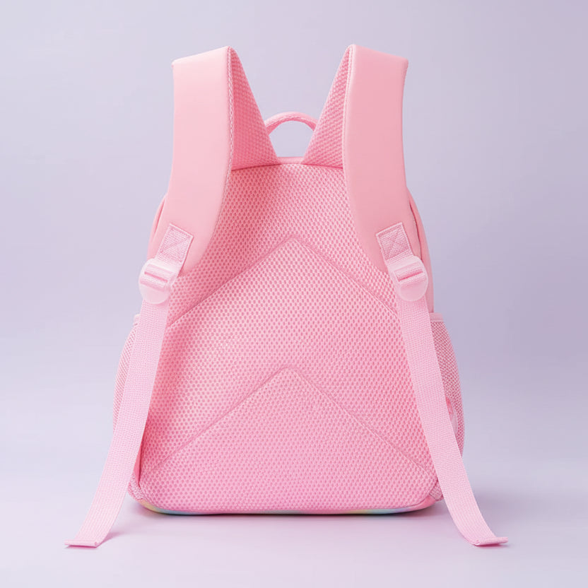 Pink backpack with labeled features on a white background