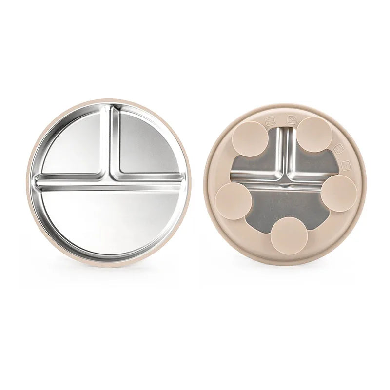 Two round, divided plates on a white background