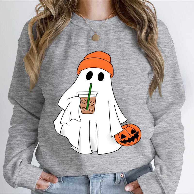 Grey Halloween Ghost Coffee Graphic Sweatshirt