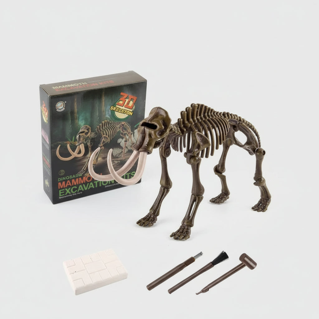 Toy mammoth skeleton with excavation tools and packaging on a white background